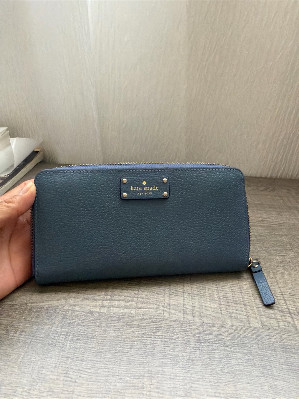 kate spade Pebbled Zip Around Wallet - Navy Blue
